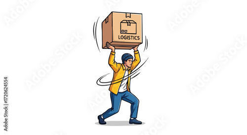 A man struggling to carry a large cardboard box labeled 'LOGISTICS' above his head, symbolizing the challenges of supply chain management.