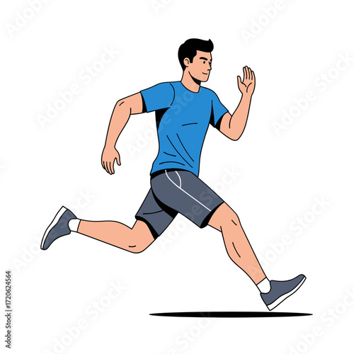 An illustration of a man running in a blue t-shirt and grey shorts, depicted in a clean, modern style.
