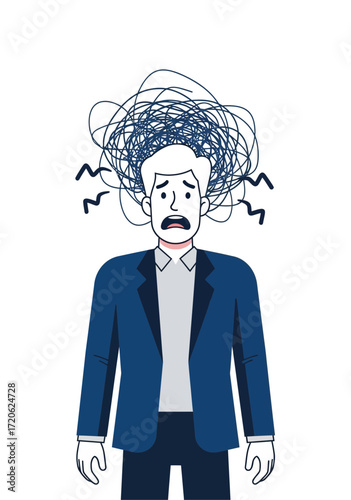 Stressed Businessman With Tangled Thoughts Flat Vector