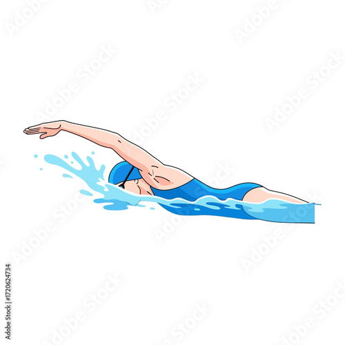 Cartoon illustration of a swimmer doing the front crawl stroke in a blue swimsuit, cap, and goggles, with water splashing.