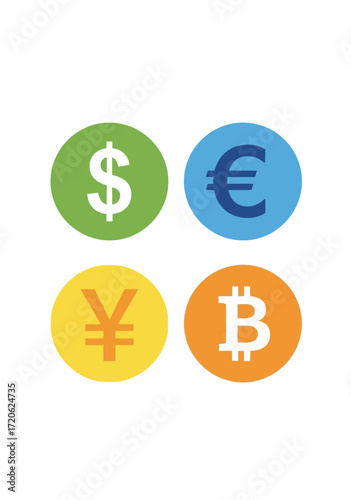 Flat Vector Illustration of Global Currency and Bitcoin Symbols