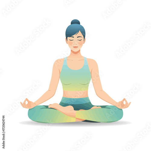 A serene woman with her eyes closed, meditating in a lotus yoga pose, wearing a gradient blue-green activewear outfit, on a white background.