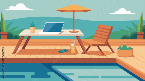 A wooden deck by the pool has been transformed into a mini office with a desk chair and laptop set up for work.. Vector illustration