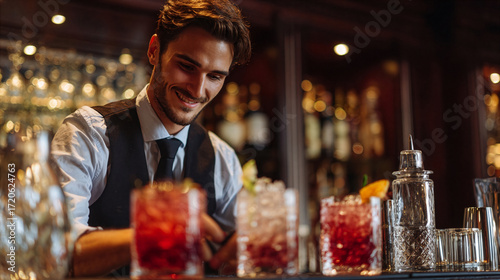 Attractive young man bartender, clean shaven, making cocktails at an upscale bar