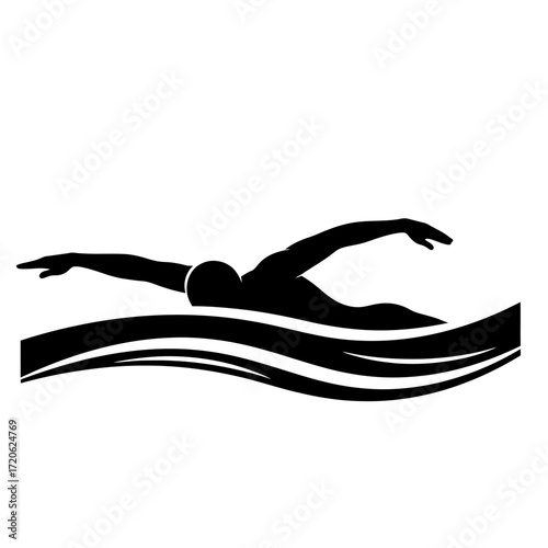 Black silhouette of a swimmer performing the crawl stroke over stylized waves, representing aquatic sports and fitness.