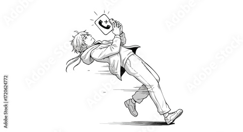 Astonished Man Falling Backwards While Looking at His Smartphone Black and White Illustration