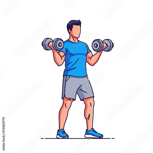 An illustration of a man performing bicep curls with dumbbells, demonstrating a fitness workout and strength training.