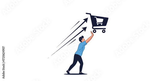 Man Reaching for Fast Growing Shopping Cart E commerce Growth Sales Increase Concept