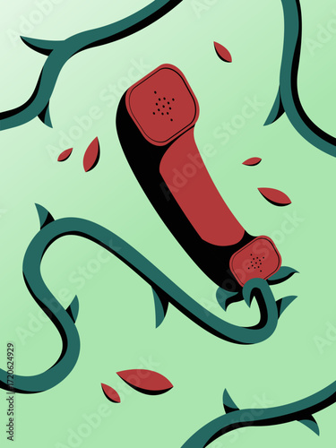 Unnatural botanical illustration of red vintage phone entangled in thorny green vines with scattered red leaves on light green background symbolizing obstructed communication and organic tension