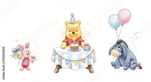 Winnie the Pooh, Piglet, and Eeyore celebrate a birthday party with a cake, gifts, and balloons.