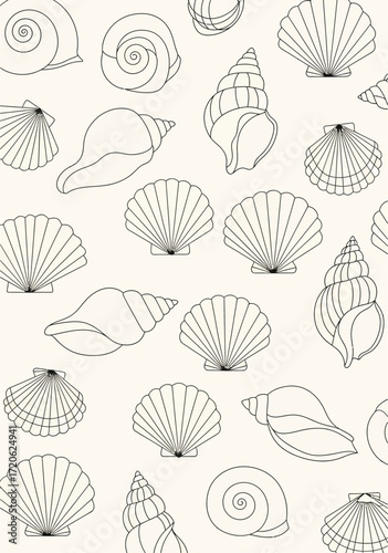 Elegant Flat Line Art Seashell Seamless Pattern