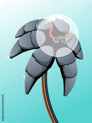 Unnatural botanical illustration of robotic palm tree with mechanical leaves colored wires and transparent dome on light blue background blending organic plant form with futuristic machine aesthetics