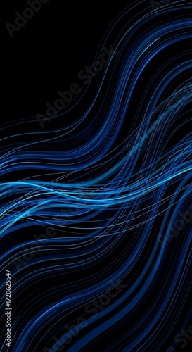 Abstract design featuring flowing, luminous blue lines on a dark background, creating a dynamic and mesmerizing visual effect.