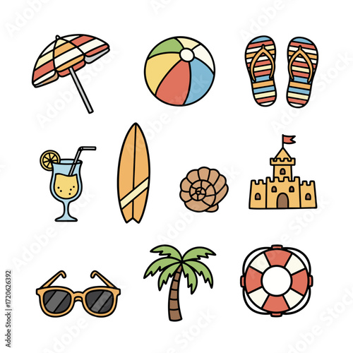 Set of  beach icons in hand drawn doodle style. Vector illustration with umbrella, beach ball, flip flops, surfboard, cocktail, seashell, sandcastle, sunglasses, palm tree