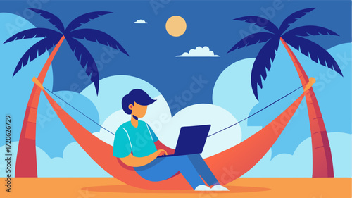 A person works on their laptop while sitting in a hammock strung between two palm trees swaying gently in the breeze.. Vector illustration