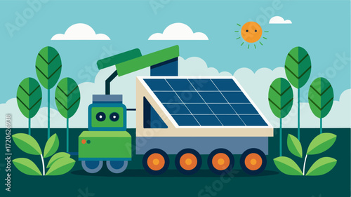 A solarpowered robotic herb harvester autonomously roaming through a greenhouse continuously monitoring and harvesting herbs throughout the day.. Vector illustration