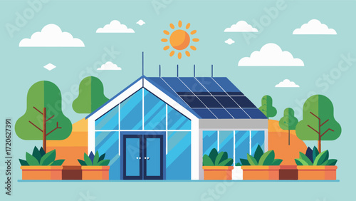 A solarpowered greenhouse with automatic ventilation heating and cooling systems providing a sustainable and energyefficient environment for crops to thrive.. Vector illustration