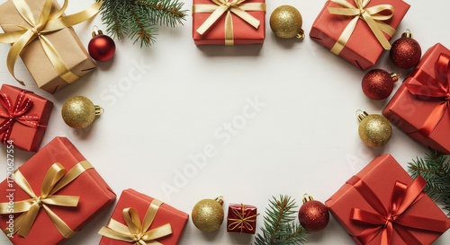 christmas background with gift boxes and fir branches