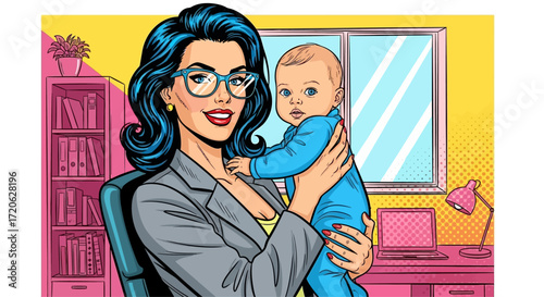 Pop Art of a Successful Businesswoman Holding Her Baby in a Modern Office, Super Mom: Confident Career Woman Juggling Work and Motherhood, Comic Style