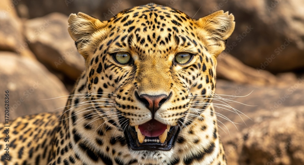 Obraz premium A close up of a leopard with its mouth open looking directly at the camera in a natural setting