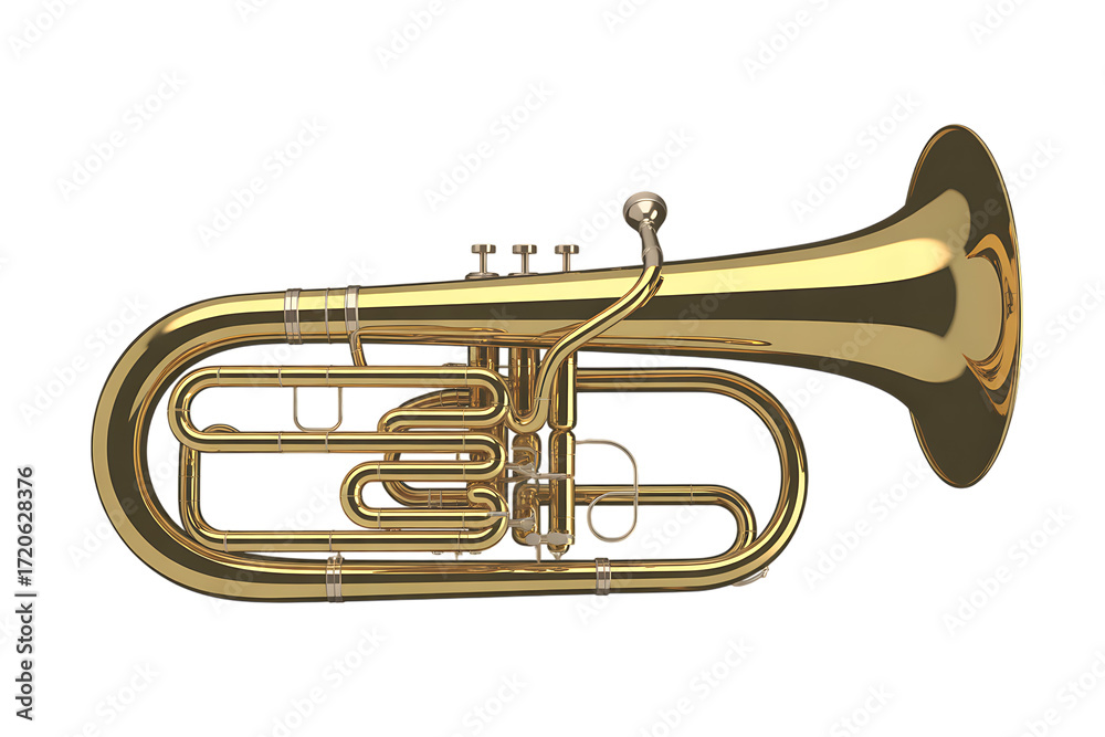 Obraz premium Shiny brass baritone horn musical instrument with valves on a black background isolated on transparent background