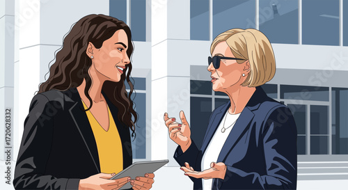Two Businesswomen Colleagues Discussing a Project Outdoors, Professional Mentorship Meeting Outside a Modern Office Building