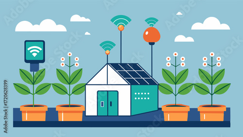 A smart greenhouse system equipped with sensors and cameras to track plant growth and optimize yield potential.. Vector illustration