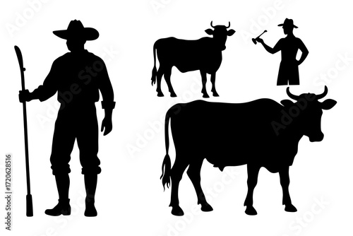 Farmer with cow silhouette vector isolated on white background