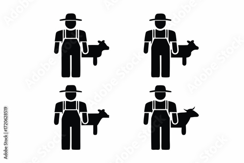 set of Farmer with cow icon silhouette vector isolated on white background