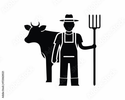 Farmer with cow icon and logo silhouette vector isolated on white background