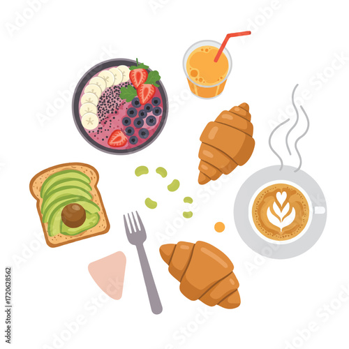 Delicious and Nutritious Breakfast Flat Lay with Croissants, Avocado Toast, and Smoothie Bowl