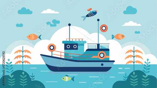 An illustration of a smart fish farming boat equipped with IoT sensors and GPS enabling the farmer to remotely monitor and control operations on the water.. Vector illustration
