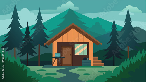 A small rustic cabin tucked away in the forest provides a secluded and serene workspace for a photographer.. Vector illustration