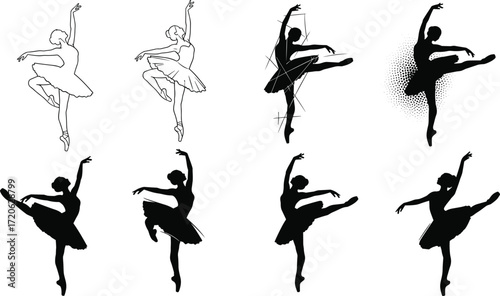 Ballet dancer silhouette, ballerina line art, graceful dance illustration, classical tutu costume, elegant stage posture, cultural choreography, performing arts design, movement