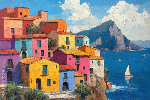 Colorful coastal houses painting.