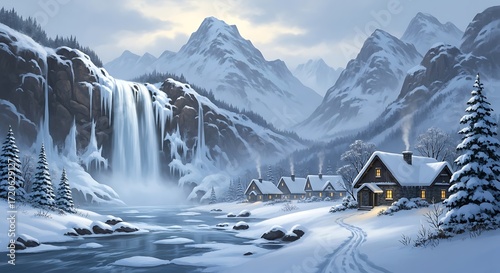 A serene winter landscape showcases a picturesque village nestled in a snow-covered valley, complete with a majestic waterfall cascading down icy mountain cliffs.