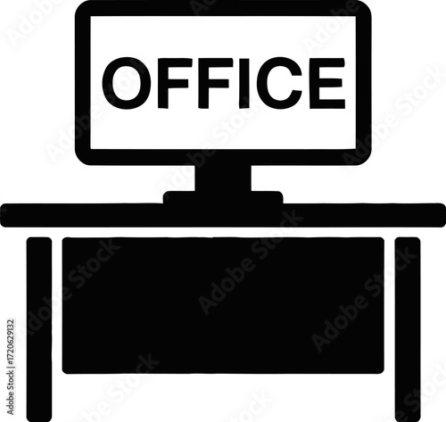 A simple black and white illustration of a desk with a computer monitor displaying the word "OFFICE".