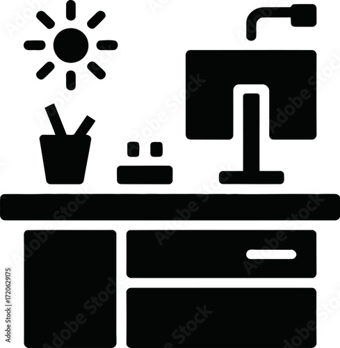 Simple graphic of a home office desk with computer, sun, and supplies.