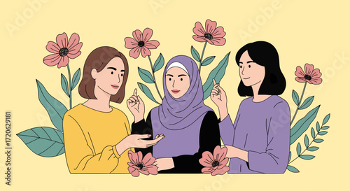 Three women with flowers one wearing a hijab sharing ideas and perspectives.