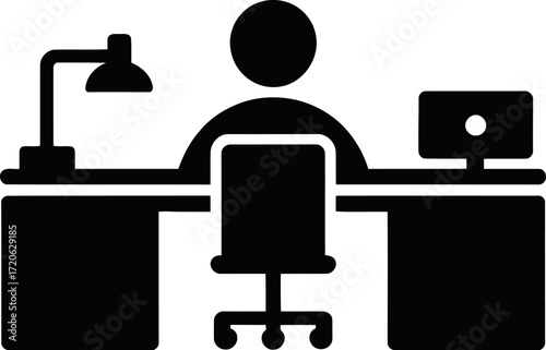 Black silhouette of a person sitting at a desk with a lamp and computer.