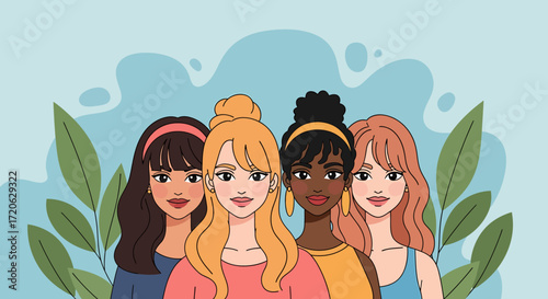 Diverse group of four young women with varying hairstyles and skin tones.