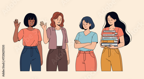 Diverse group of women waving arms crossed and holding books.