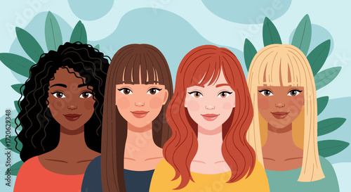 Diverse Women A Quartet of Beauty with Varying Hairstyles and Skin Tones.