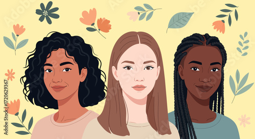 Diverse Women Illustration Curly Hair Straight Hair Braids Floral Accents.