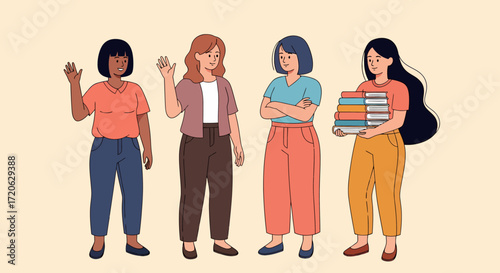 Diverse women in casual wear one holding books all with friendly expressions.