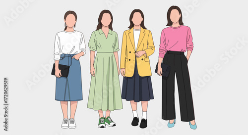 Four Faceless Fashionable Women in Diverse Outfits and Styles Illustration.