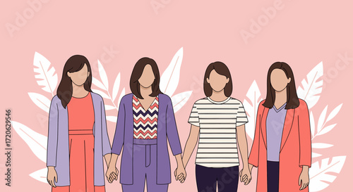 Four Faceless Women Holding Hands Diverse Outfits United Front Illustration.