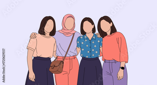 Four Faceless Women in Casual Attire One Wearing a Pink Hijab and Carrying a Brown Bag.