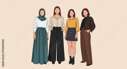 Four Faceless Women in Diverse Outfits Standing SidebySide.