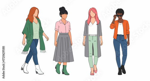 Four Fashionable Women in Diverse Outfits and Styles Walking Forward.